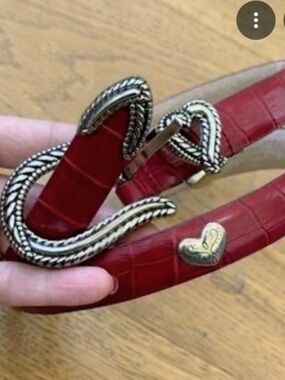 Vintage Brighton Red Croc-Embossed Leather Belt with Silver Buckle and Hearts